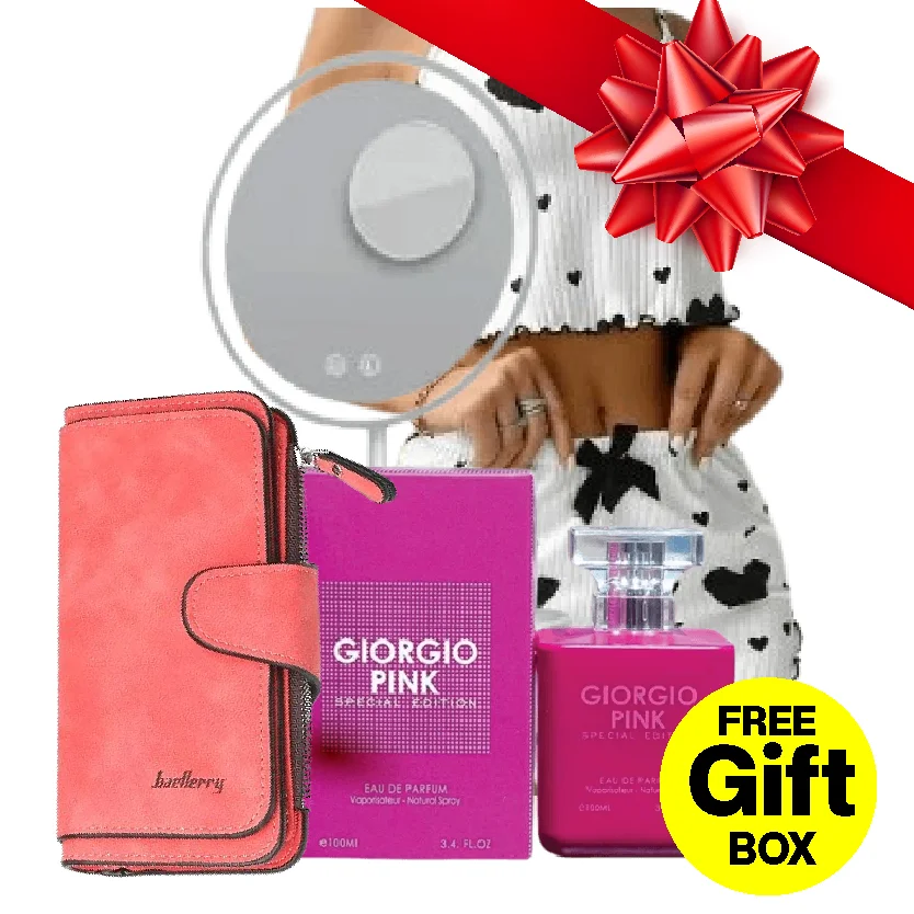 Bundle Offer-For Her: Leather Purse, Perfume, Makeup Lamp-White ,2pcs Sexy Sleepwear Heart Print