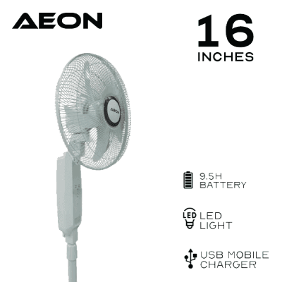 Aeon Rechargeable Standing Fan; 16inch, With Remote, With USB, Silent 3-Speed Operation, Bright LED Light, Sturdy Weighted Base, Extendable Pole | ARF-16B