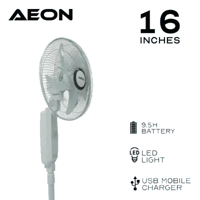 Aeon Rechargeable Standing Fan; 16inch, With Remote, With USB, Silent 3-Speed Operation, Bright LED Light, Sturdy Weighted Base, Extendable Pole | ARF-16B