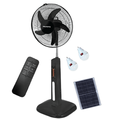 Polystar 3 in 1 16" Inches Rechargeable Standing Fan With solar Panel and 2pcs LED Bulb | PV-8516B