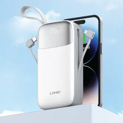 Ldnio PQ30 30,000mAh USB-C Charging Power Bank, Built-in USB-C/Lightning cables, 18W input & 22.5W output, Press switch & LED display