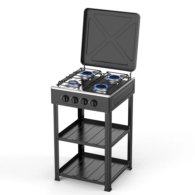 Eurosonic ES-3870 4-Burner Standing Gas Cooker with Lid and 2 Storage Shelves (Black)